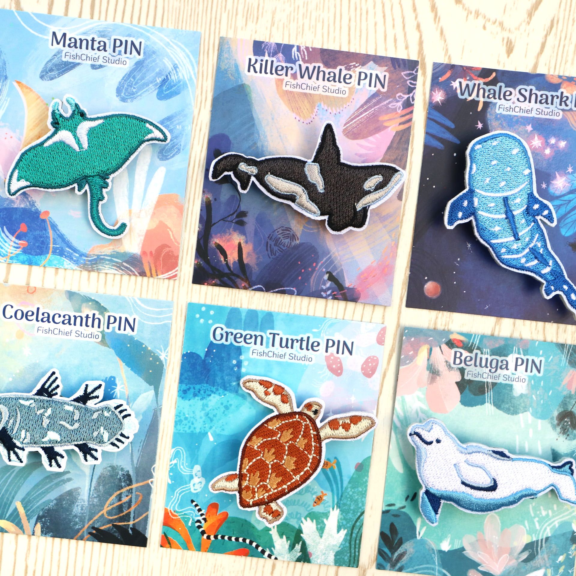 海洋生物刺繡別針＿6款 （鯨鯊、虎鯨、腔棘魚、鬼蝠魟、小白鯨、海龜）