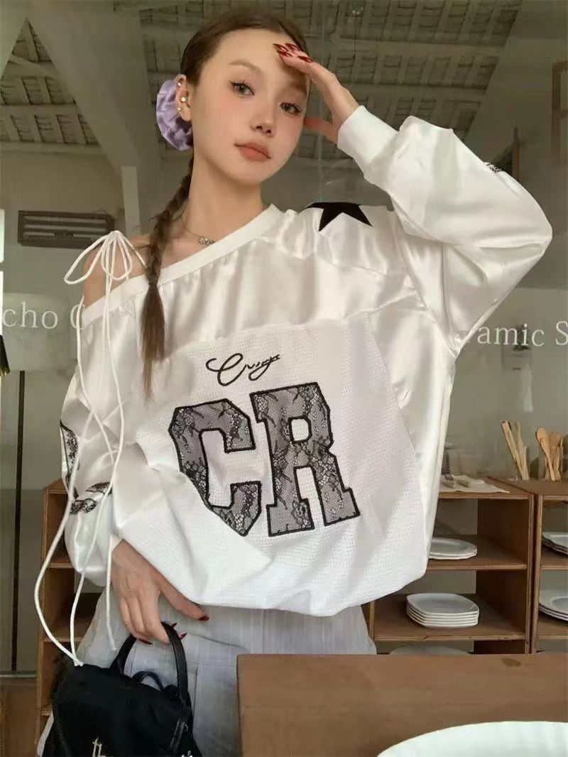 美式復古斜肩刺繡球衣