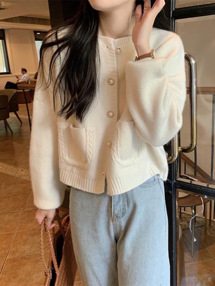 韓版小香風圓領針織開衫