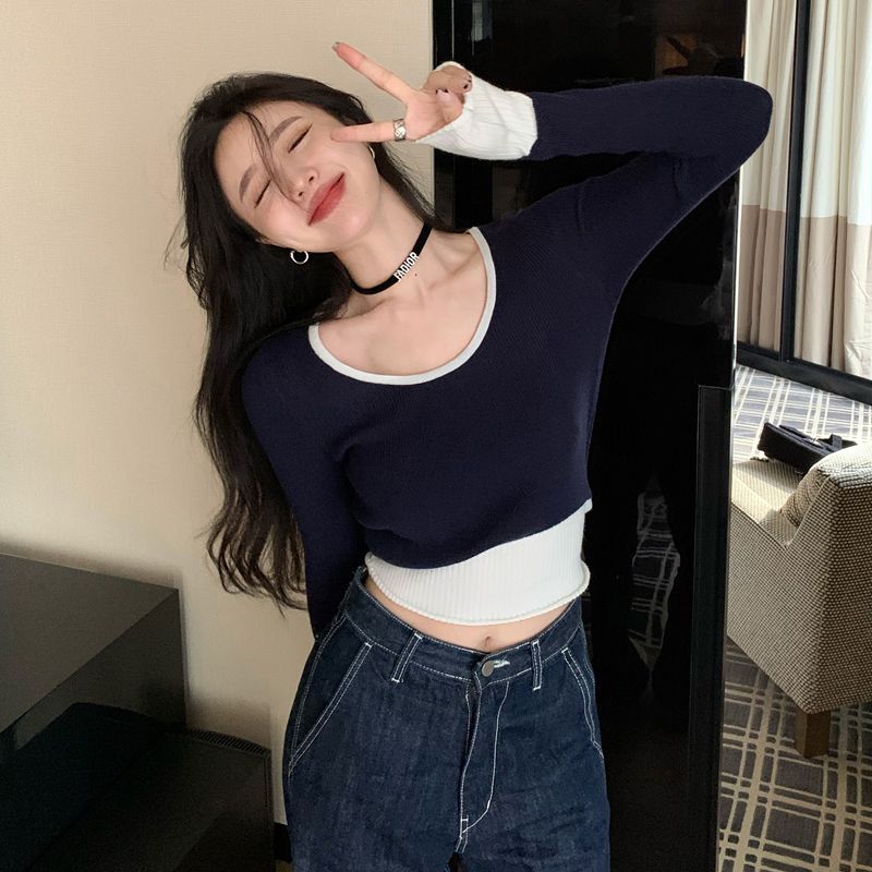 撞色修身短版上衣