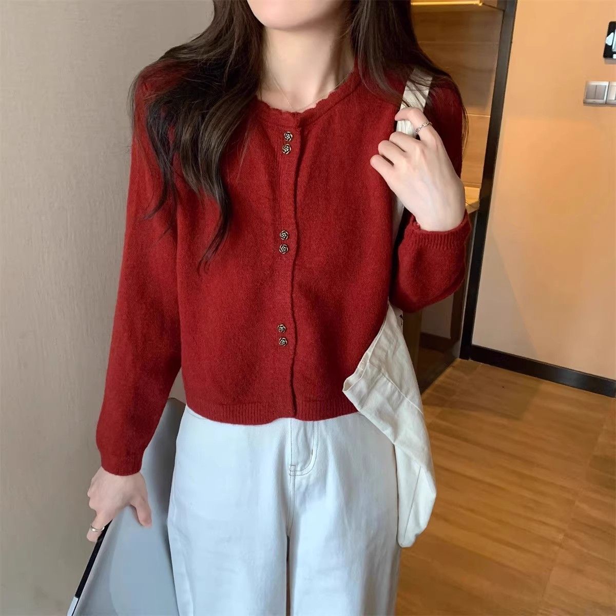 圓領開衫針織毛衣