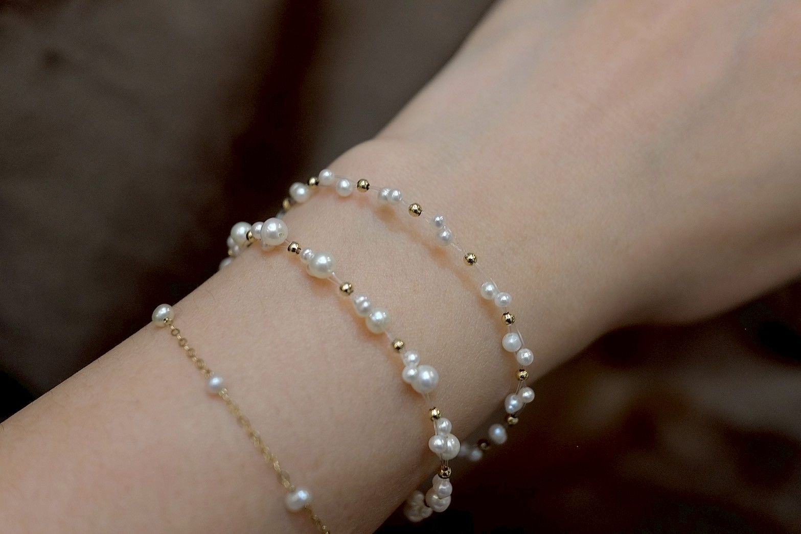 迷你蕾絲雪花（兩顆珍珠）。天然淡水珍珠磁扣手鍊✨美國注金。P.Sstudio。