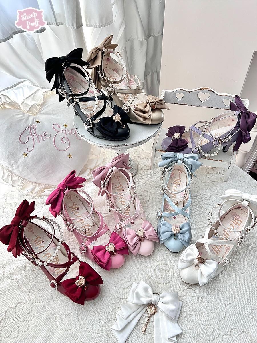 {深色}【代購預購】lolita莫佳娜之鑰 垂墜寶石珠鏈珍珠愛心匙吊墜緞帶蝴蝶結尖頭高跟鞋/細跟高跟鞋/單鞋 古典蘿莉塔