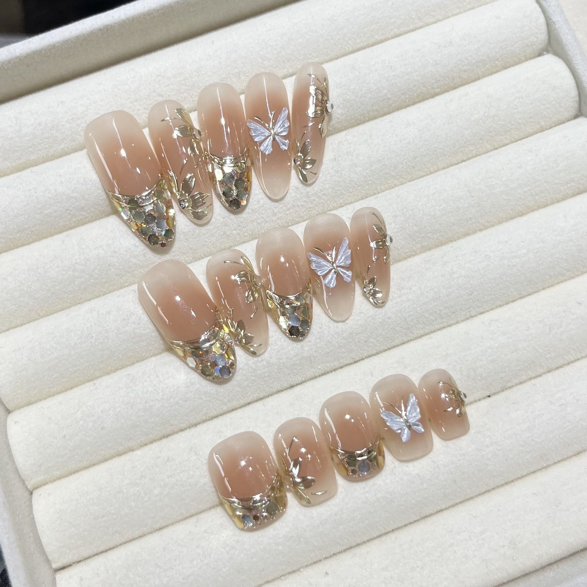 純手工穿戴甲秋冬香檳鎏金蝴蝶手繪法式亮片