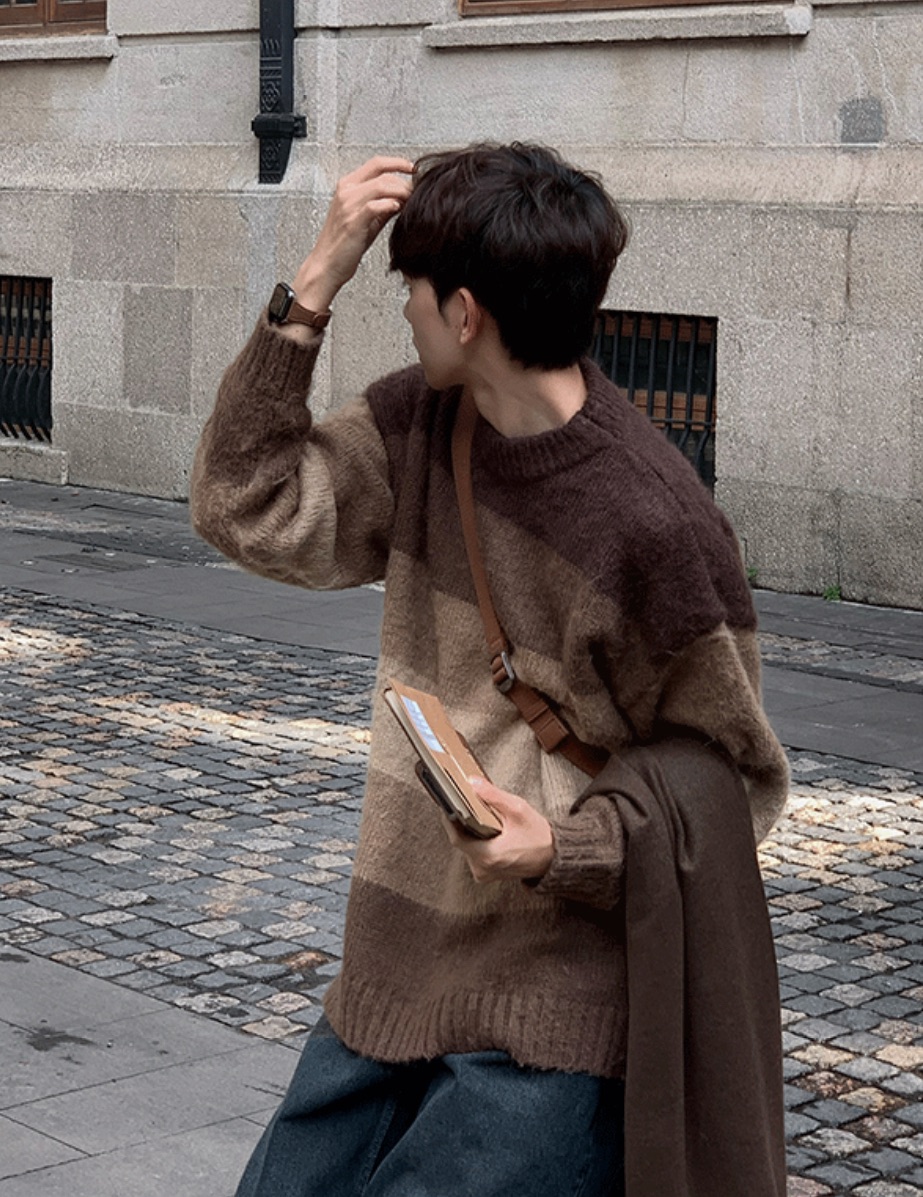 圓領復古美拉德拼色毛衣