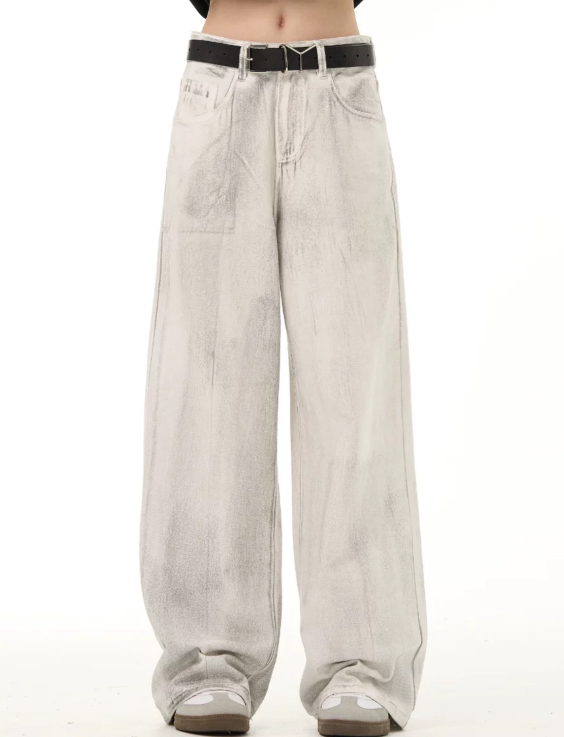 美式做舊髒白潑墨牛仔褲