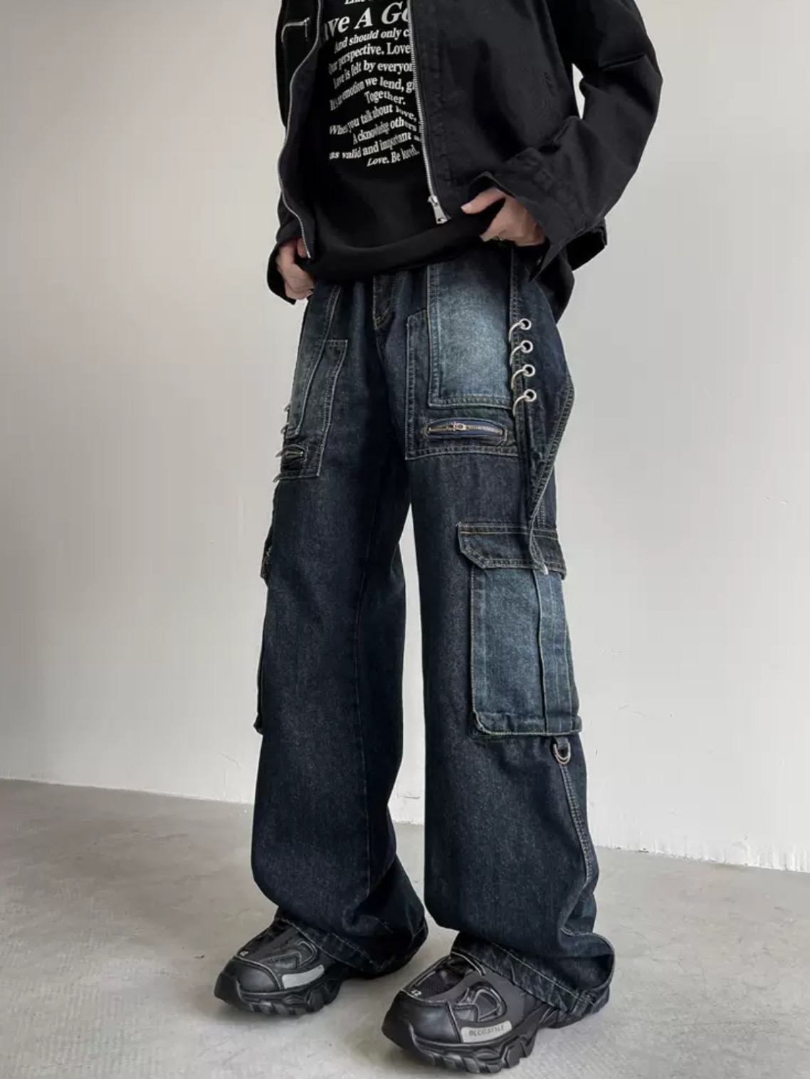 美式重工解構拼接闊腿牛仔褲