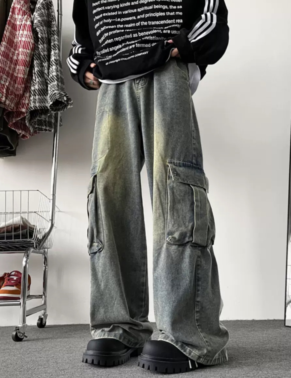 美式復古做舊垂落感闊腿工裝褲