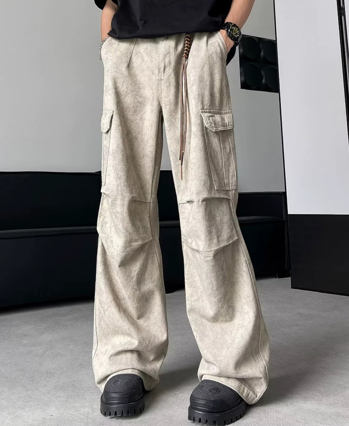 美式小眾設計抓摺工裝褲