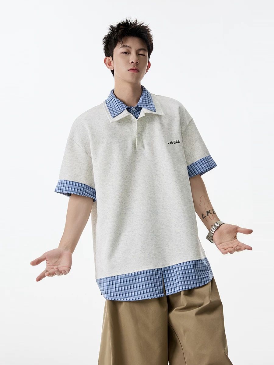 格子拼接假兩件polo短袖_msc004