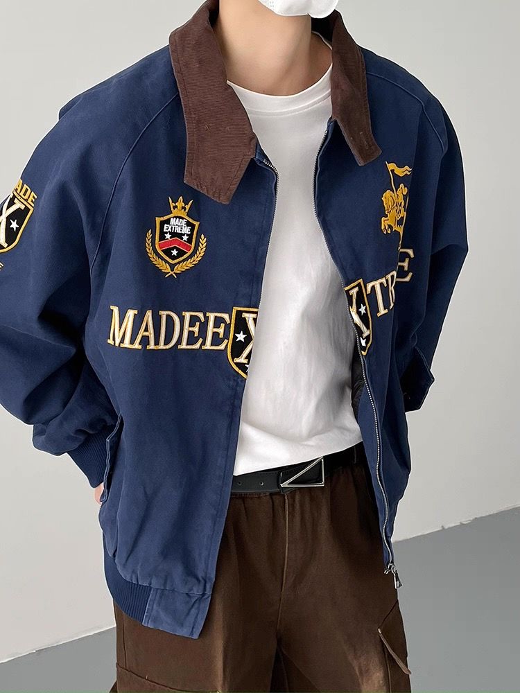 美式復古藏藍色刺繡飛行外套_msj002