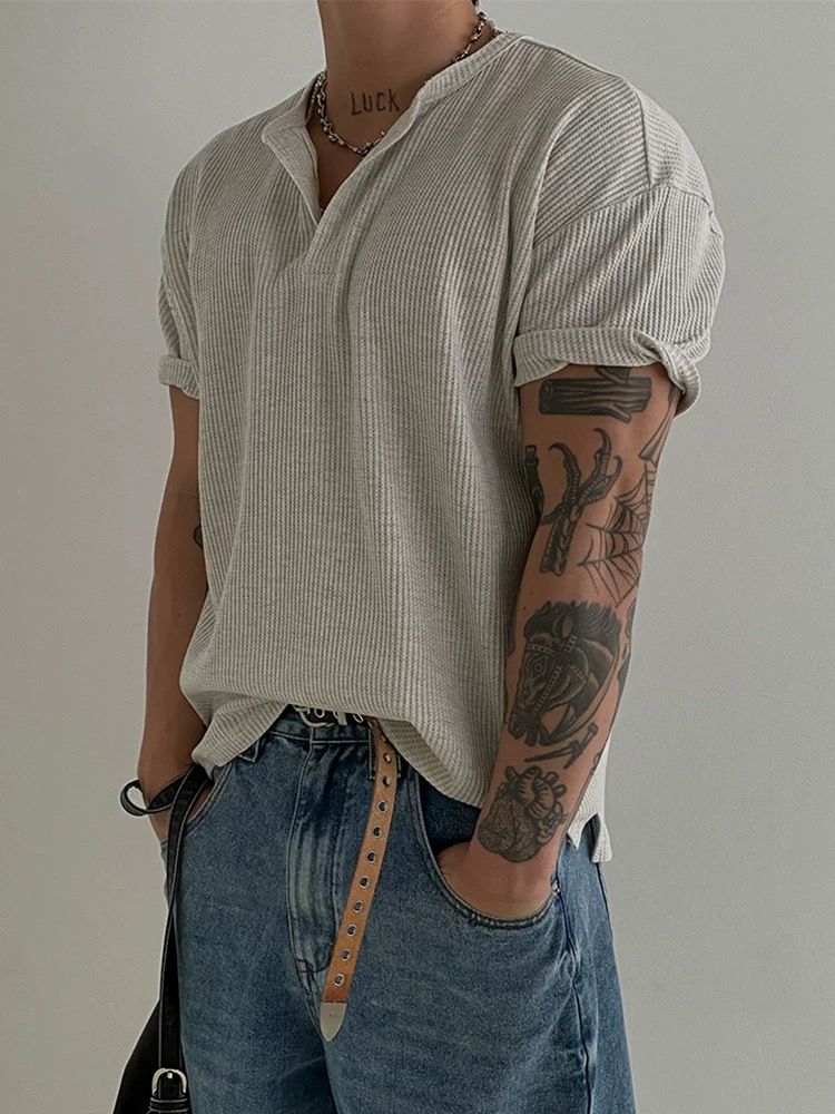 華夫格短袖亨利衫_msc008