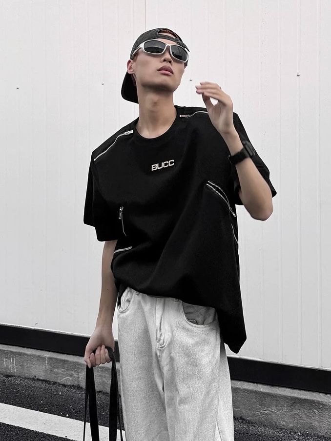 解構拉鍊設計墊肩短袖_msc009