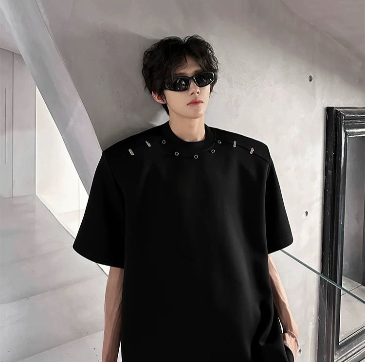 美式金屬扣墊肩短袖T恤_msc009