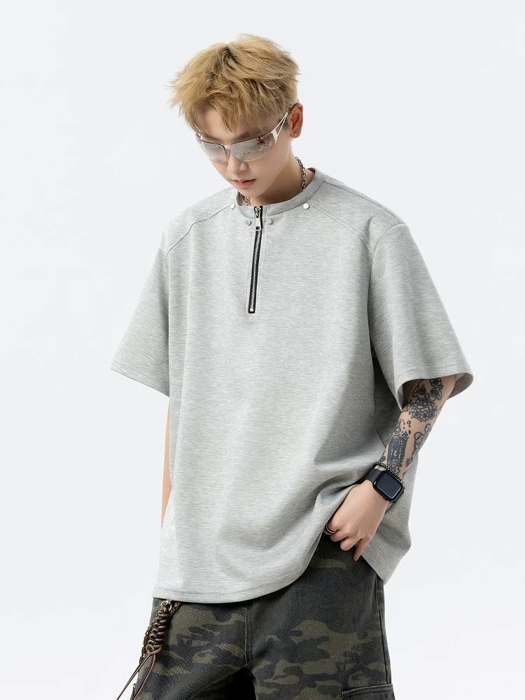 半拉鏈鉚釘墊肩短袖_msc010