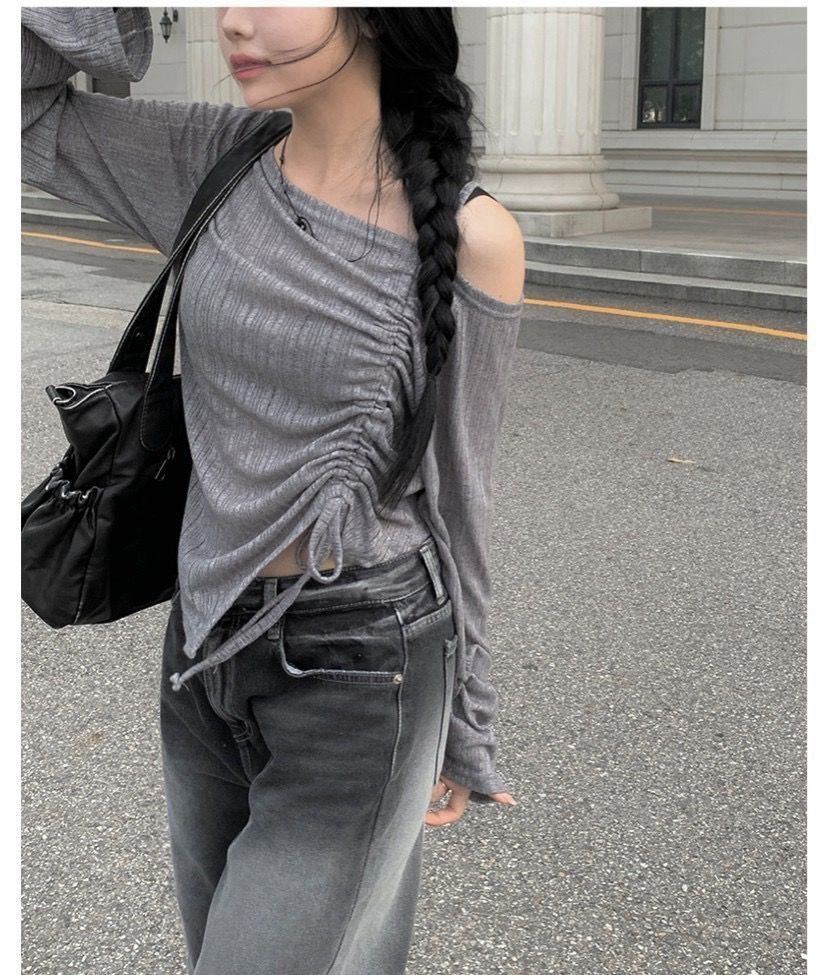 斜肩抽繩長袖上衣