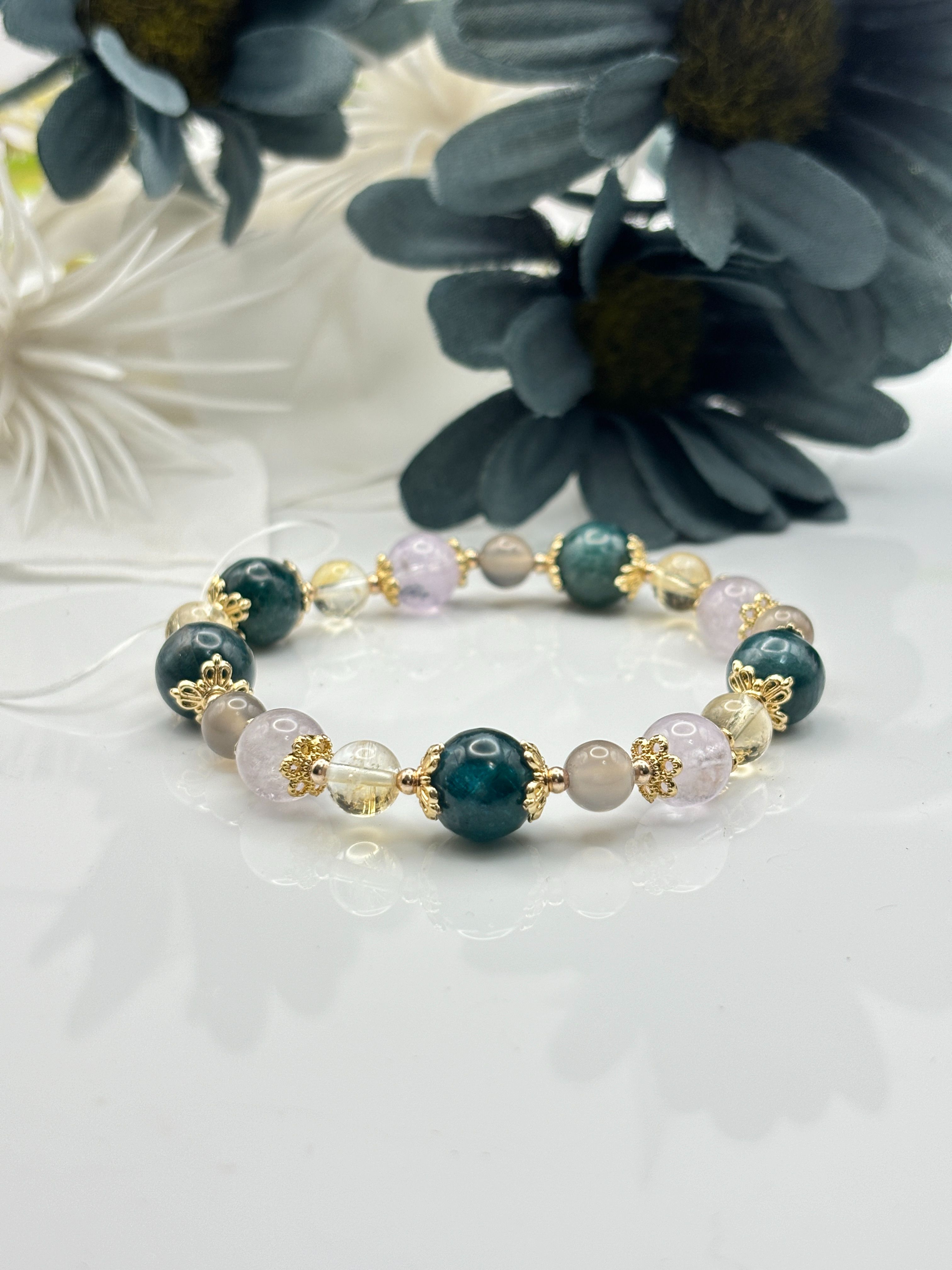 A moment 💫星夜織語｜射手座守護石｜自由、好奇、冒險｜綠磷灰｜湮紫瑪瑙｜薰衣草紫水晶｜黃水晶｜水晶手鏈手串設計