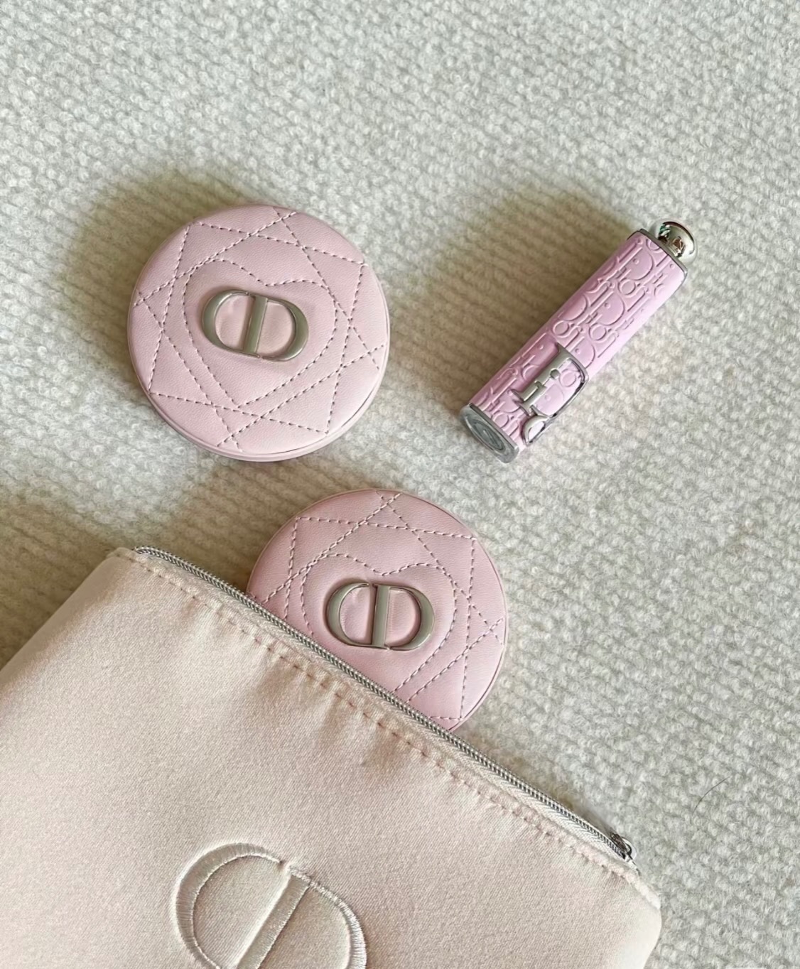 《現貨》Dior迪奧粉色小羊皮革雙面鏡
