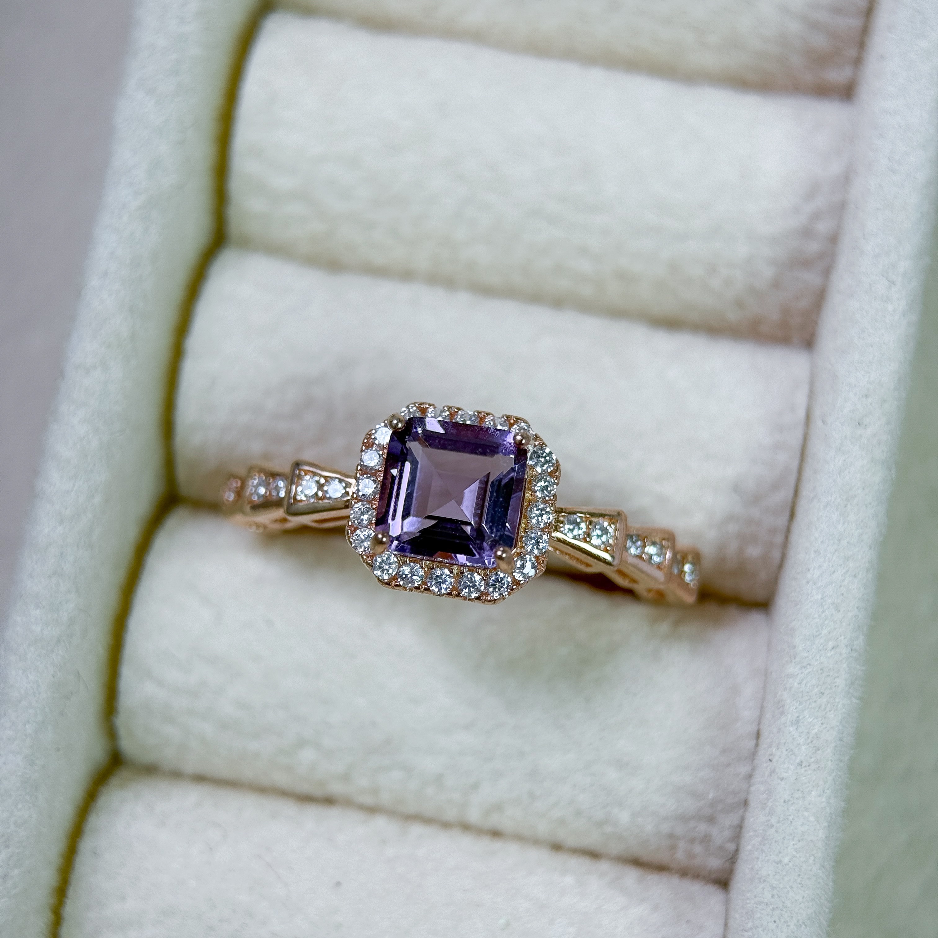 方型華麗款 紫水晶 925純銀鍍玫瑰金