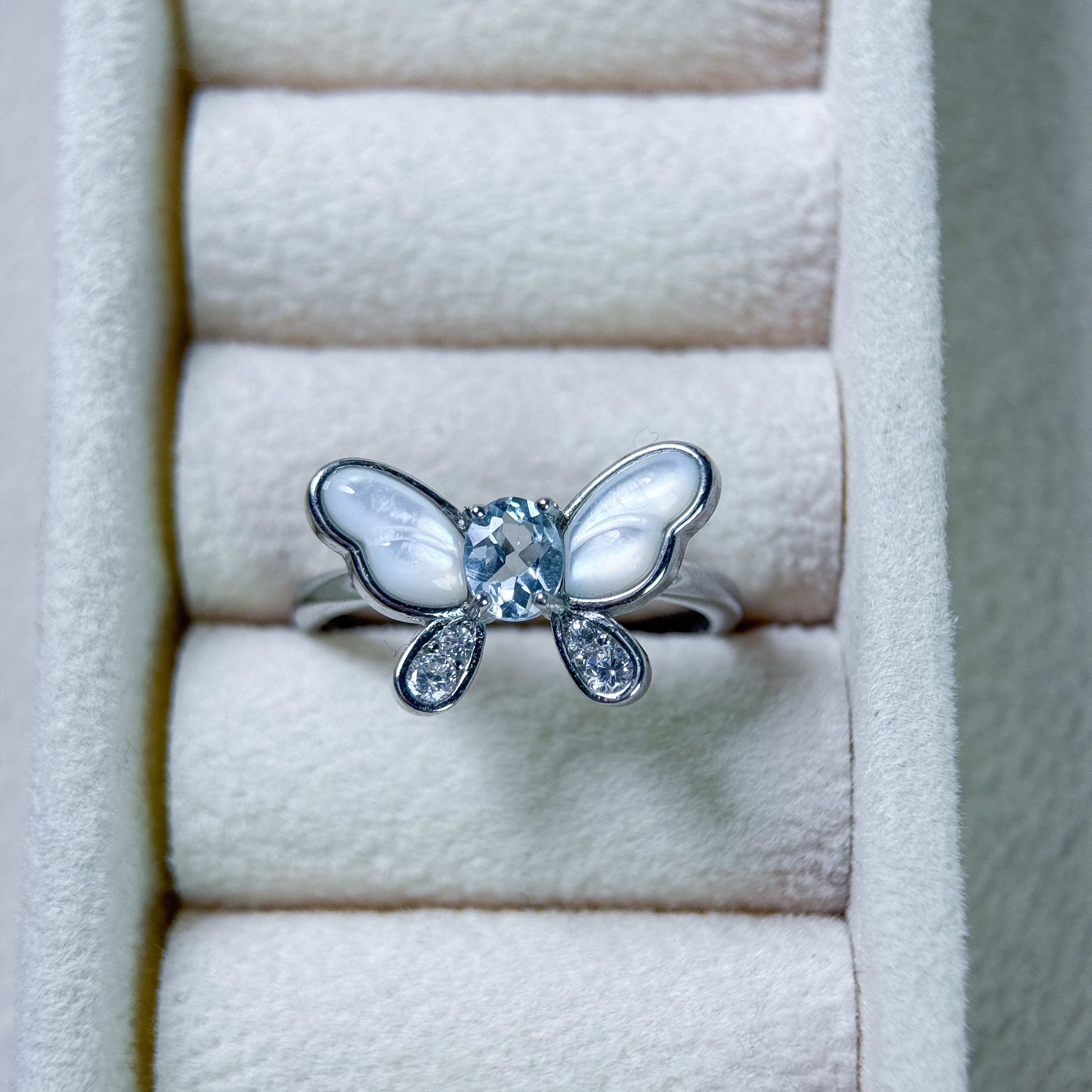 海藍寶+白貝 925銀戒指