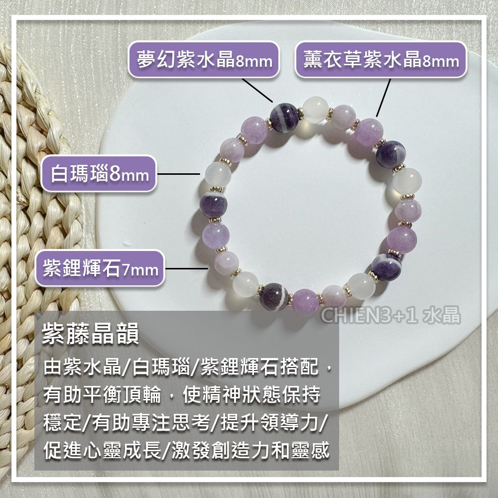 【CHIEN3+1】紫藤晶韻 紫水晶/粉晶/紫鋰輝石搭配， 消除負能量/提升心境/增強人緣 開發智慧/幫助思考