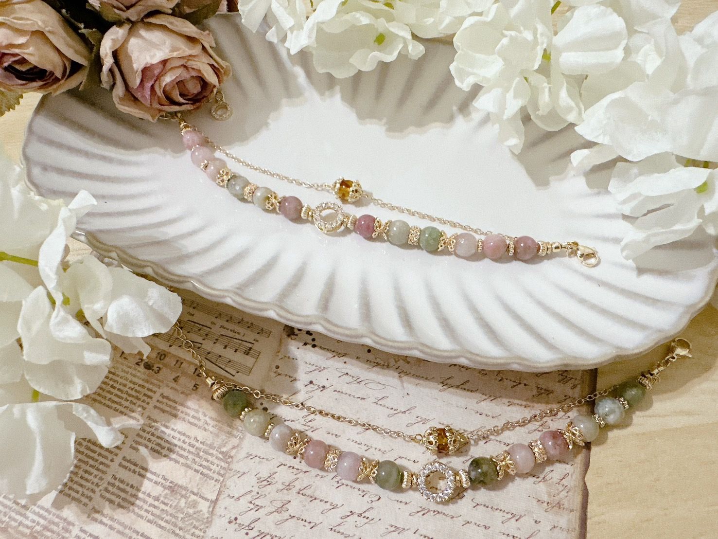 香緹石光✿天然石手作飾品  ꙳⋆° . 歲月靜好 ✧⭒.꙳   l粉碧璽 l花珀 l客製水晶手鍊