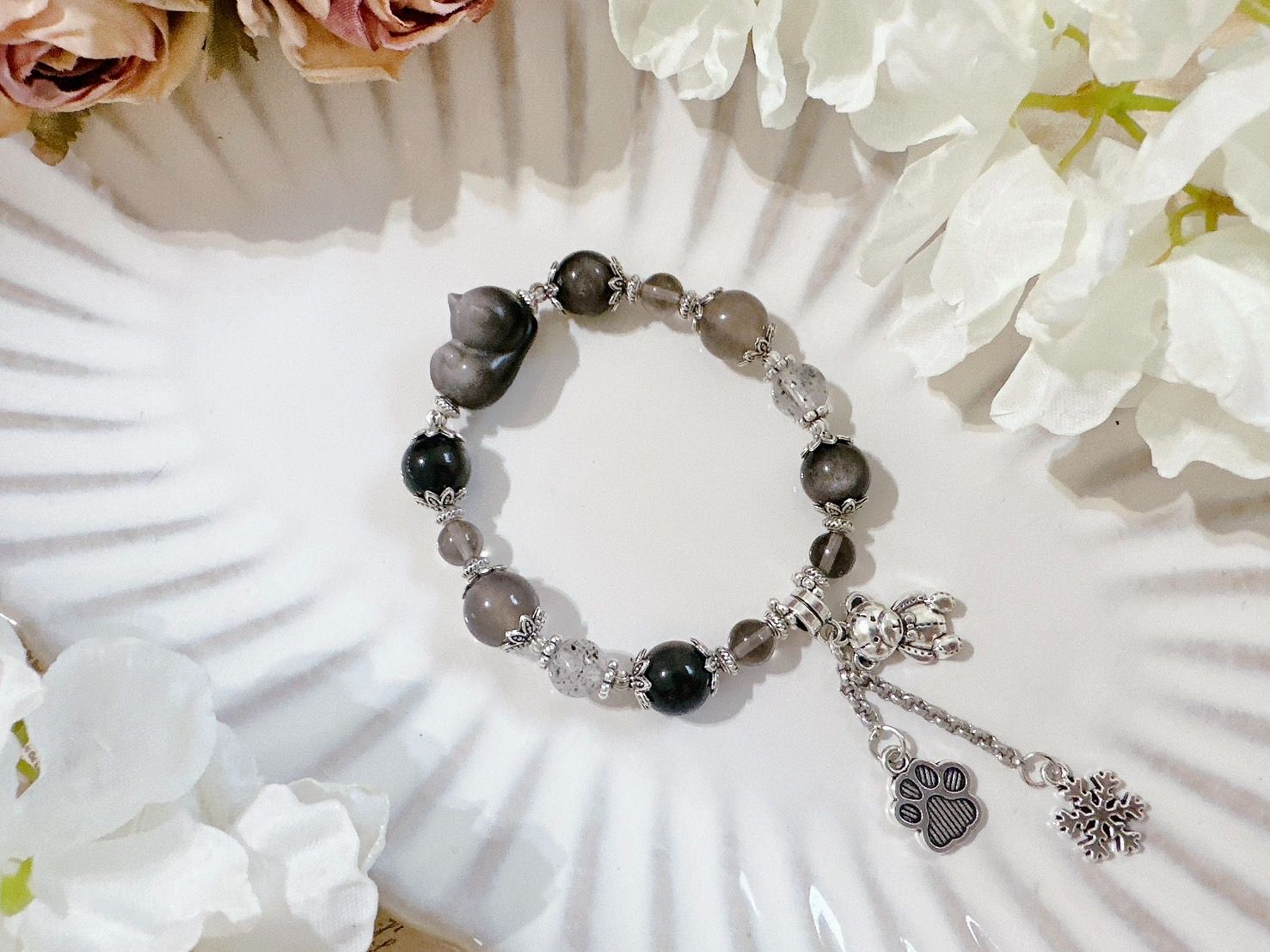 香緹石光✿天然石手作飾品  ꙳⋆° . 炭燒貓咪 ✧⭒.꙳   l銀曜石 l冰曜石 l煙紫瑪瑙 l黑草莓 l客製水晶手鍊