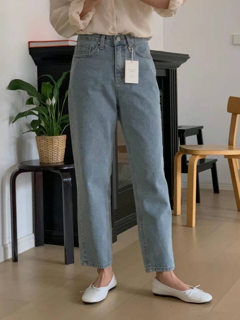 淺藍色 中高腰牛仔直筒褲 L