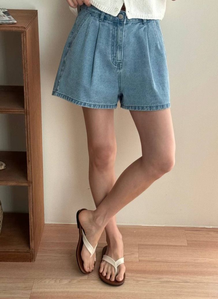 直紋抓皺牛仔藍短褲 M