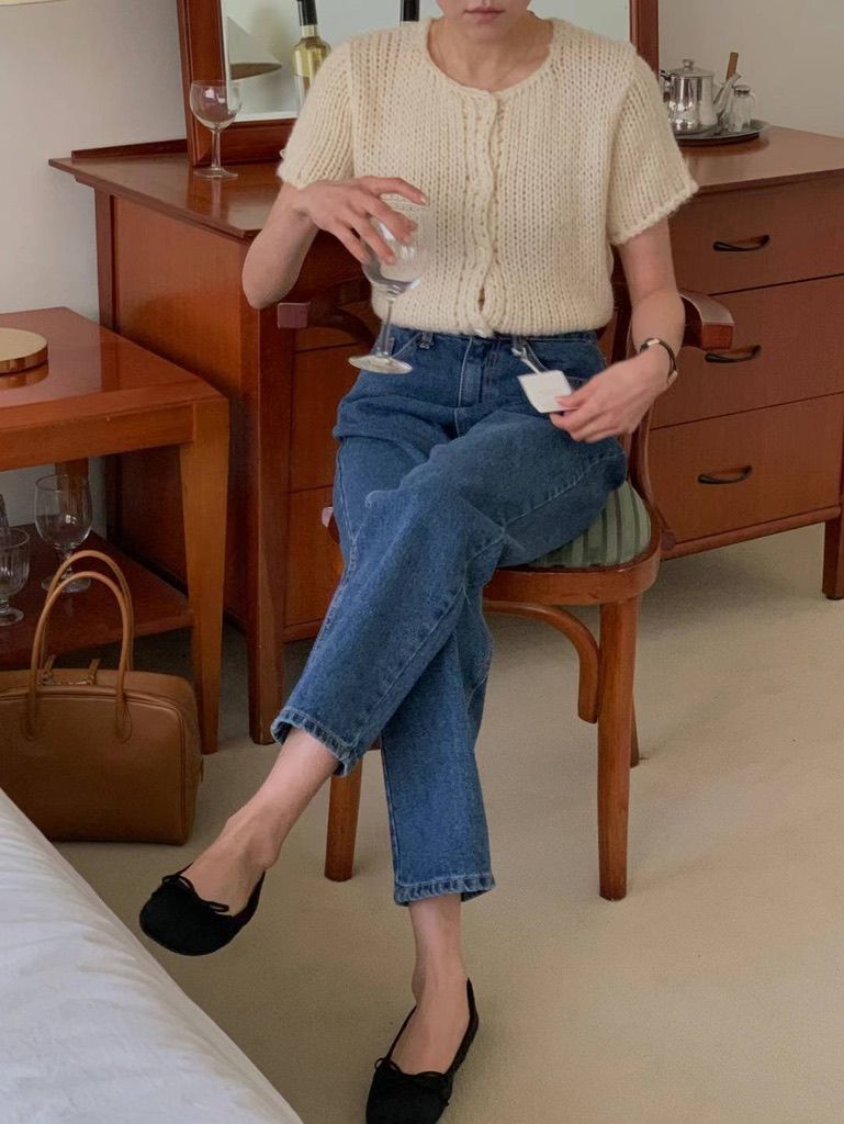 深藍中高腰牛仔直筒褲 L（超修身）