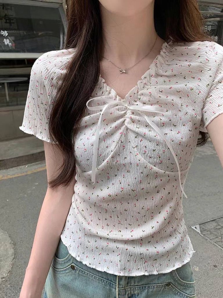 甜美碎花抽繩短袖上衣