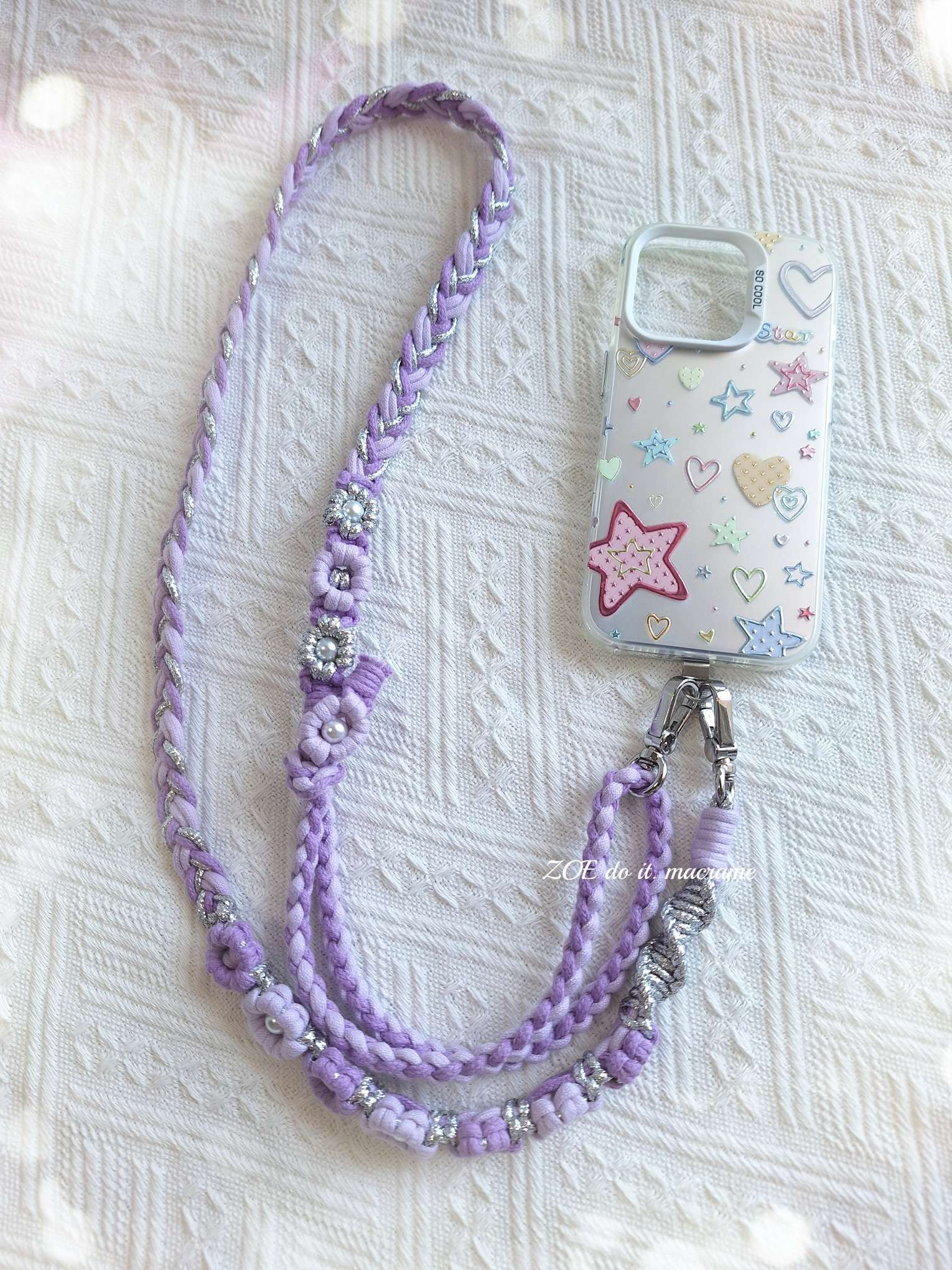 ｜手機長揹繩｜金線、毛球款 ─ 雙面花朵