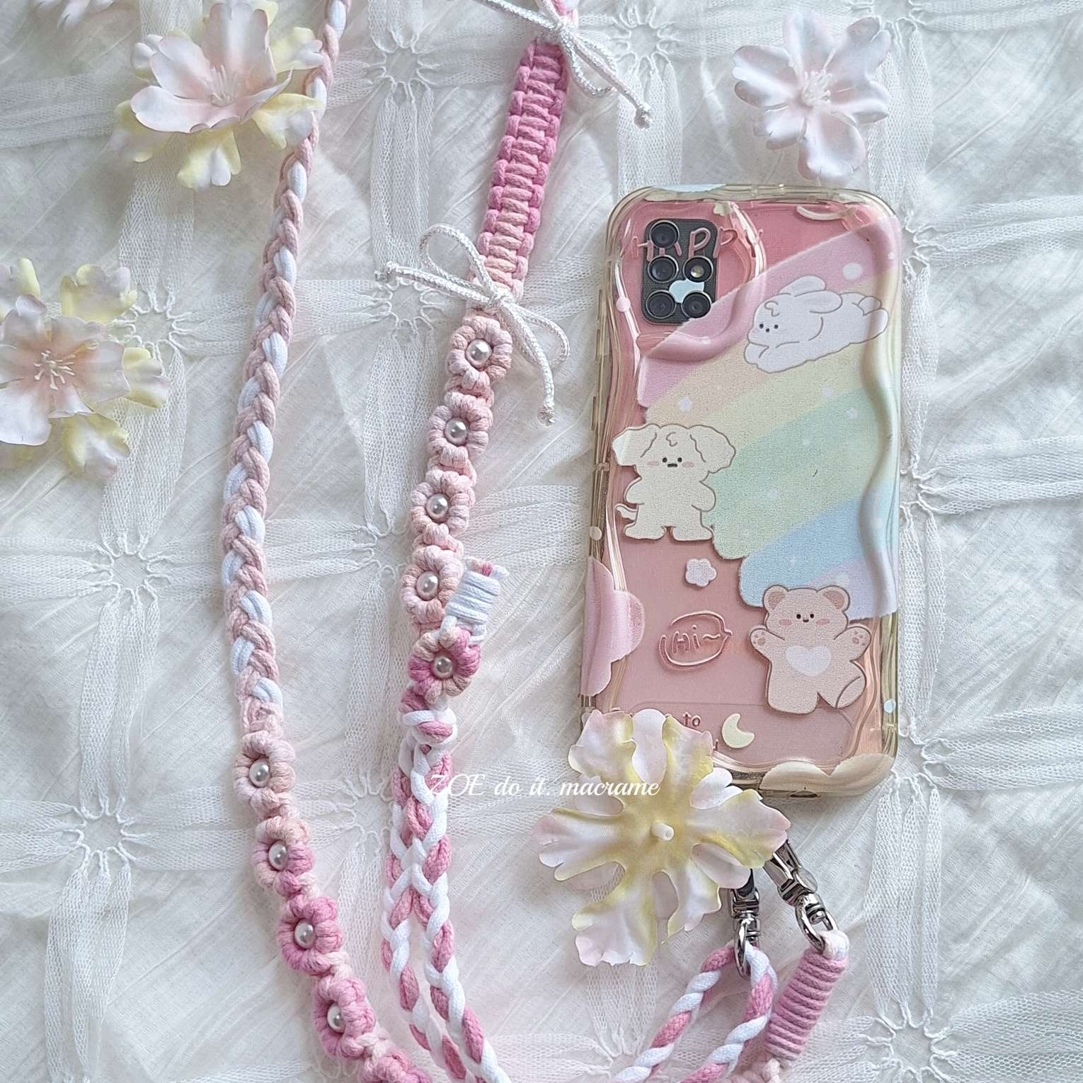 ｜手機長揹繩｜雙面花朵-珍珠款