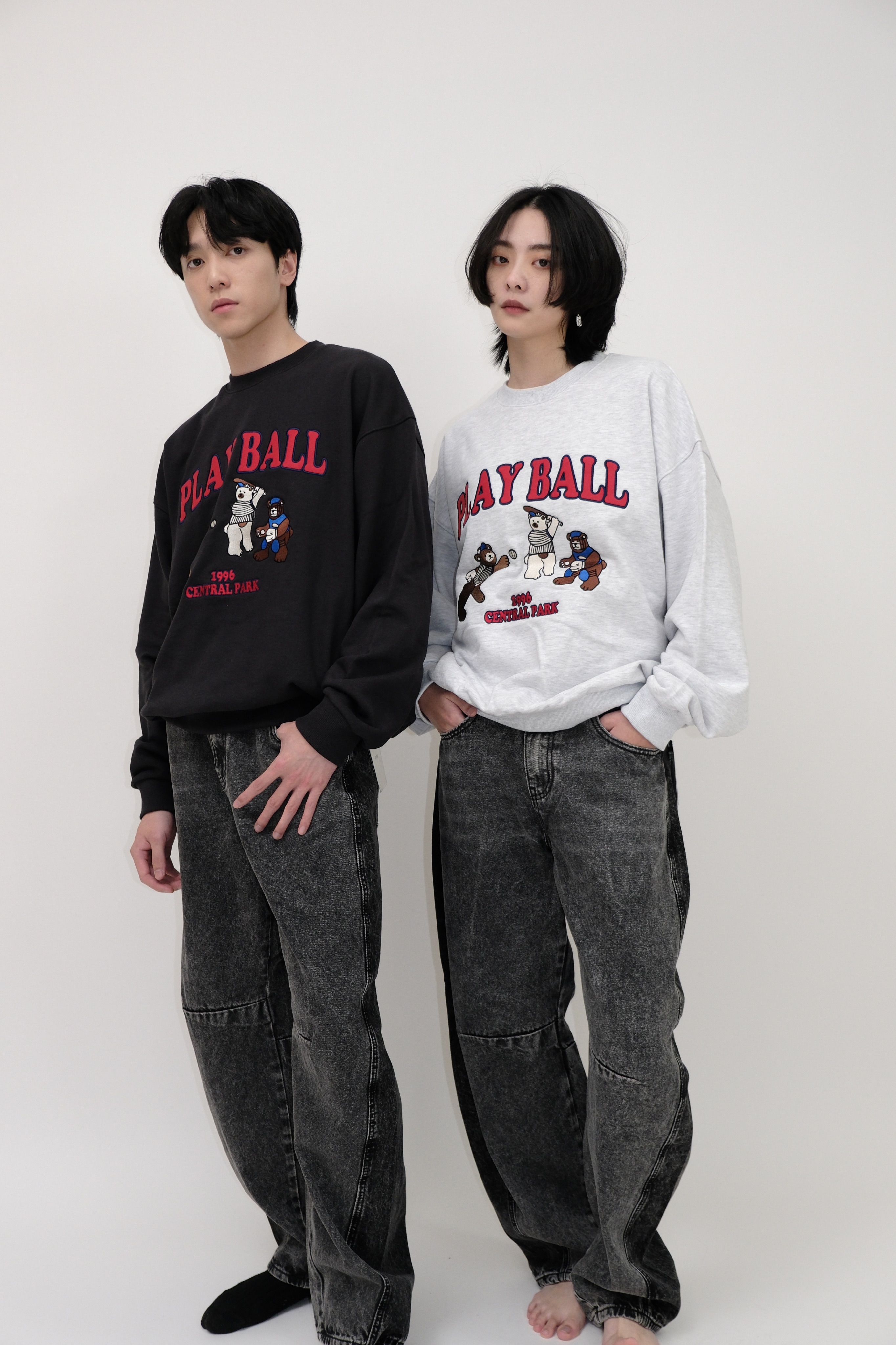 墨黑拼接牛仔褲