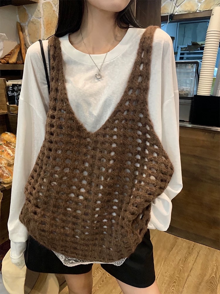 疊穿神器慵懶風寬鬆針織馬甲背心+拼接蕾絲薄款上衣