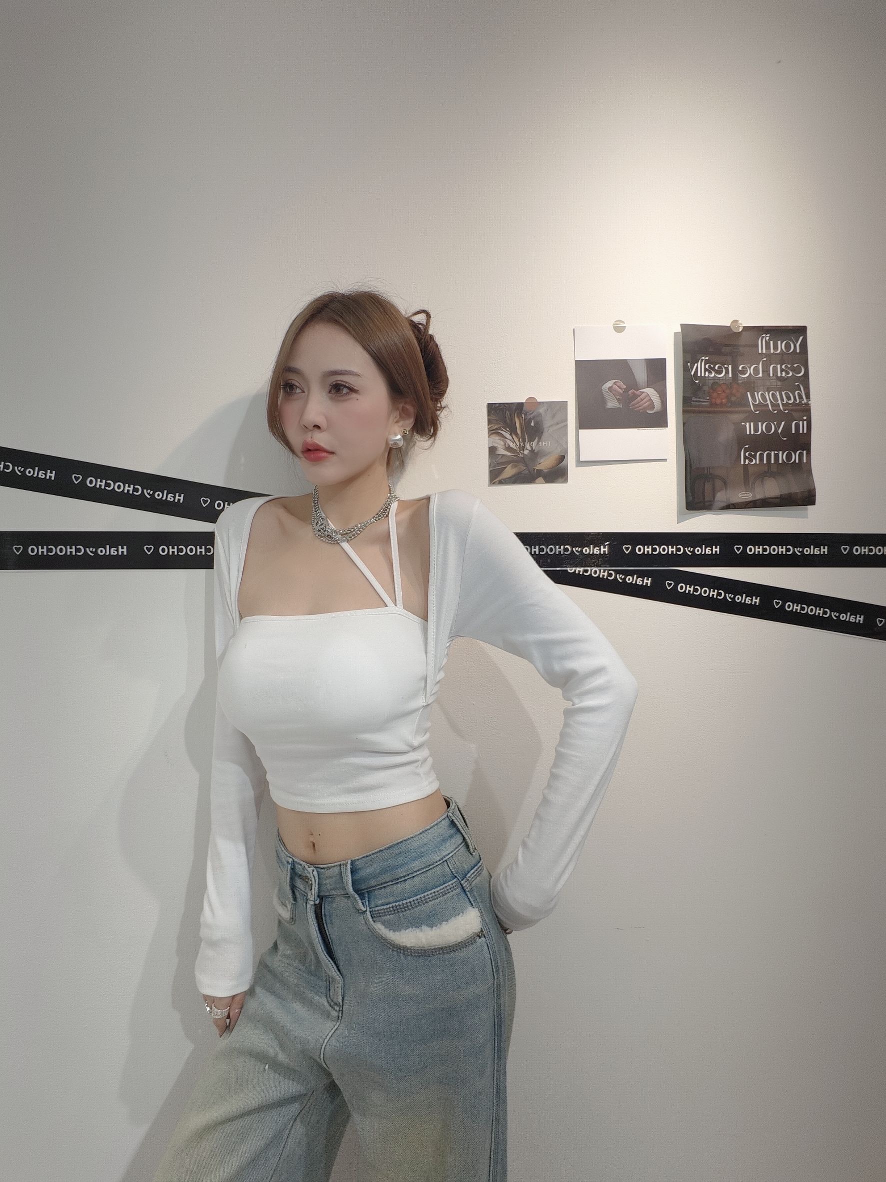 #5921 假兩件斜邊掛脖上衣