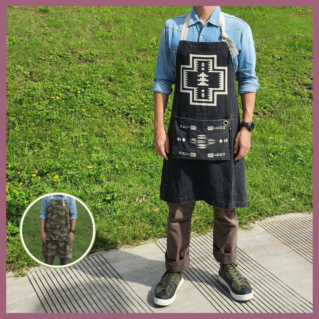 🎏 日本選品 🎏 可收折純棉帆布圍裙｜部落黑、迷彩綠