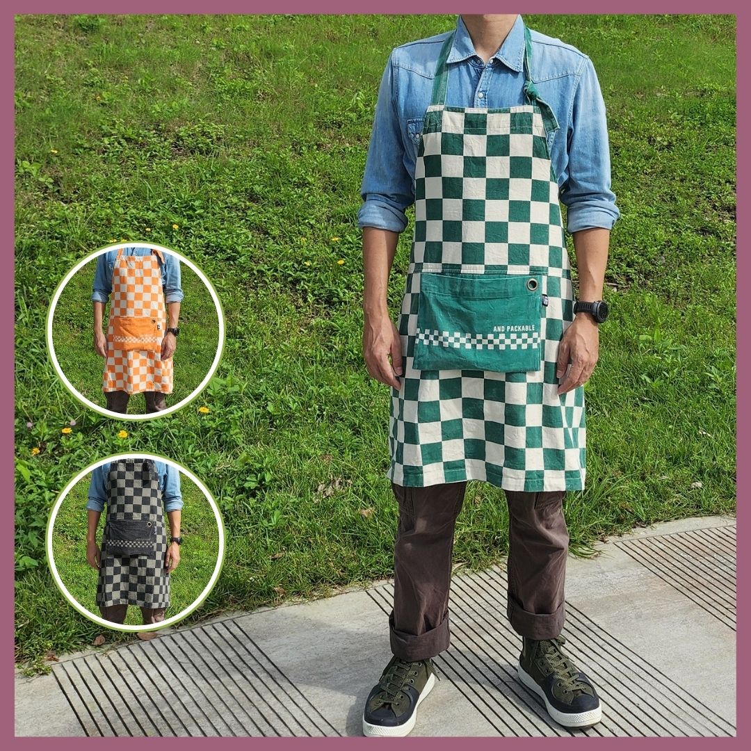 🎏 日本選品 🎏 可收折純棉帆布圍裙｜方格綠 / 橘 / 黑