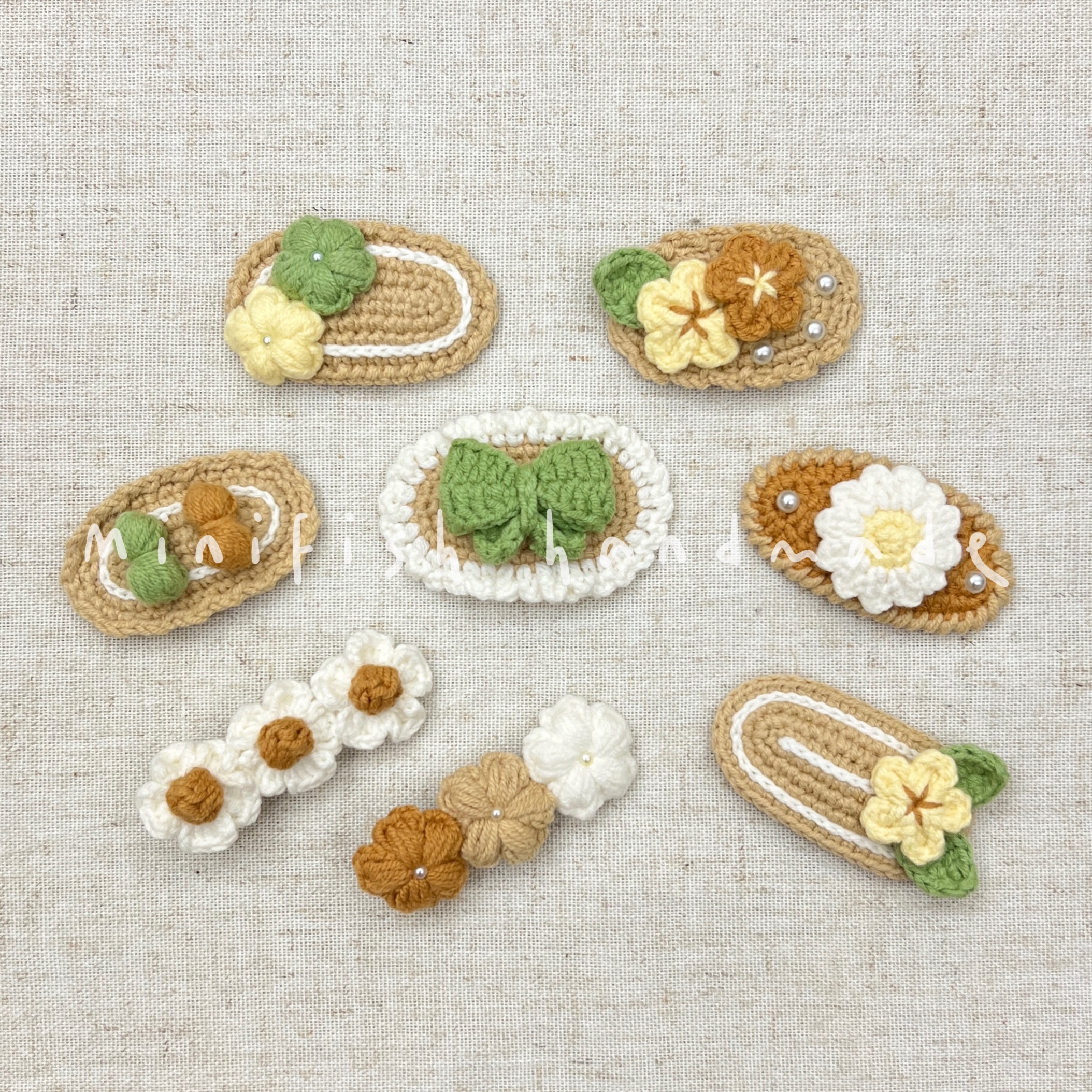 鉤針飾品柔和奶茶色髮夾 鉤針髮夾 手作可愛髮夾 手工毛線髮夾 毛線編織飾品 兒童髮夾 針織鉤針髮夾 可愛瀏海