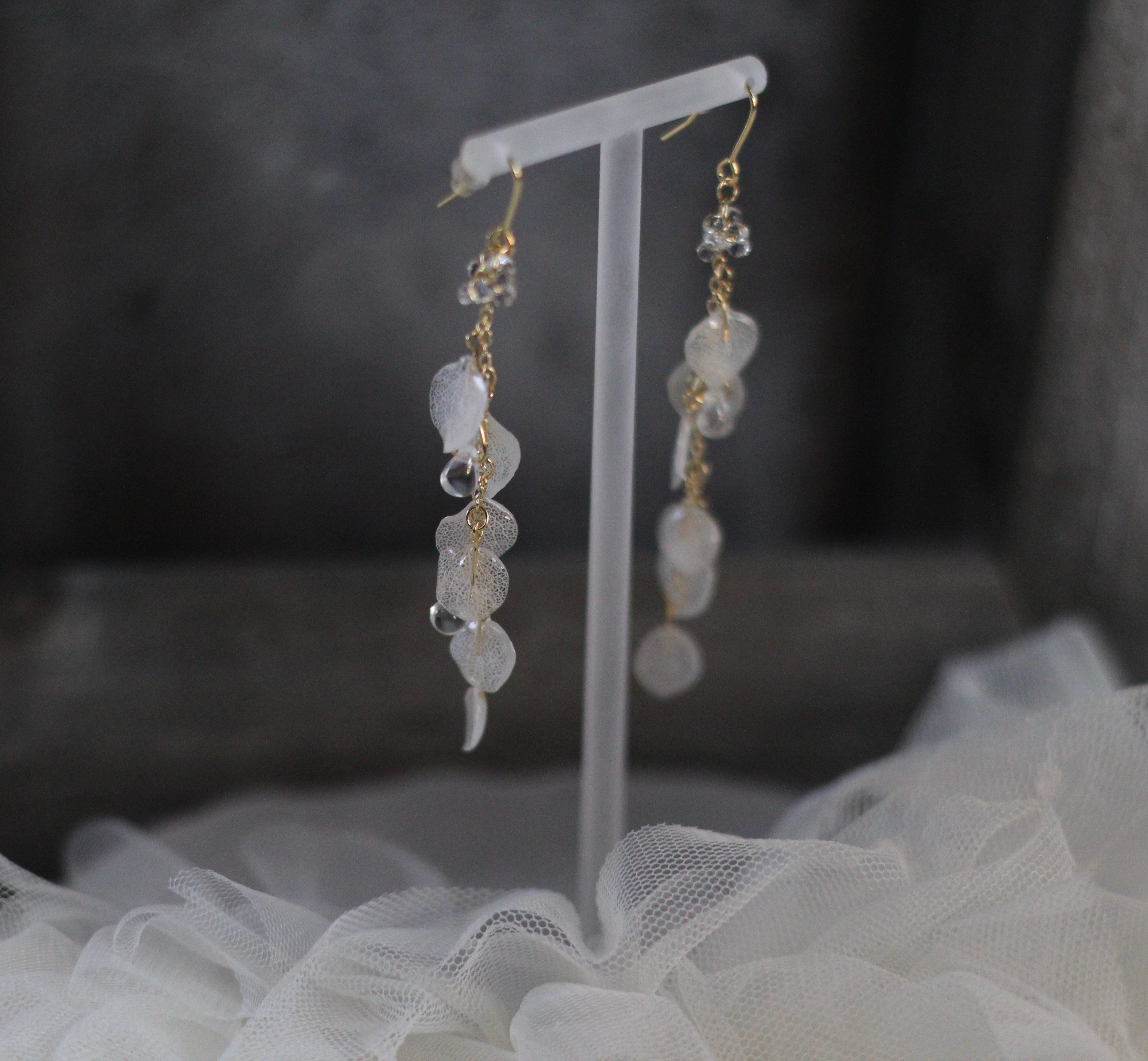 白色 繡球花串耳環