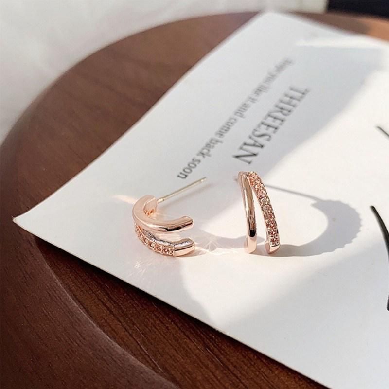 S925銀針百搭C形玫瑰金鑲鑽耳環耳針【預購】