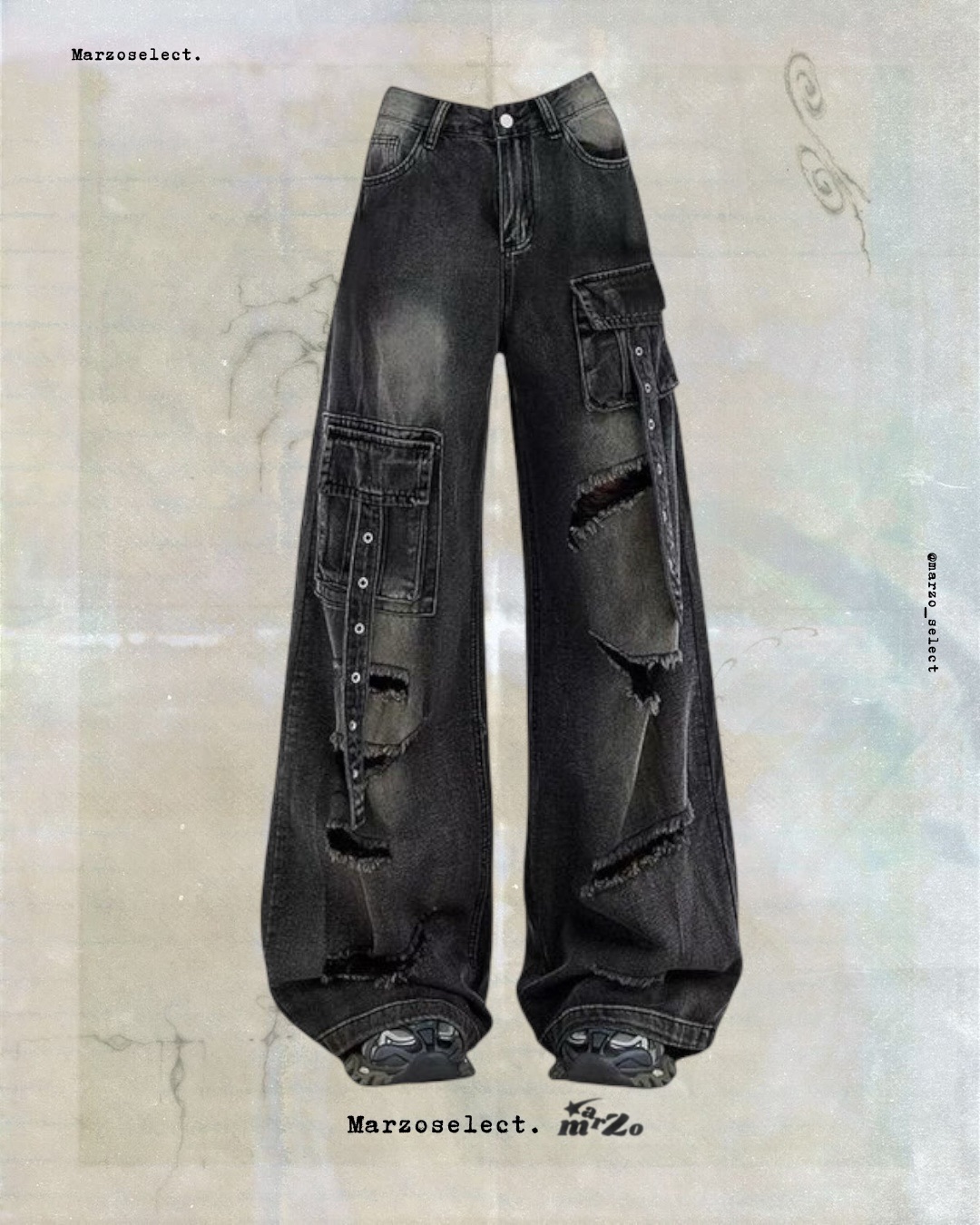 𝗠𝗔𝗥𝗭𝗢 黑色工裝破洞褲