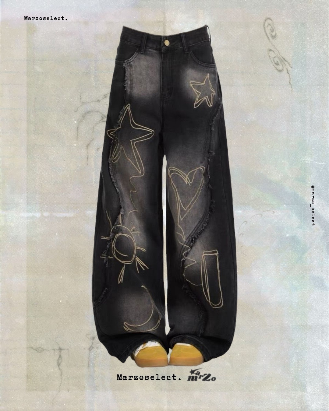 𝗠𝗔𝗥𝗭𝗢 塗鴉刺繡微彎刀褲（兩色）