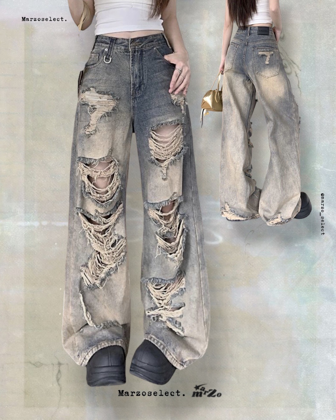 𝗠𝗔𝗥𝗭𝗢 做舊破洞牛仔寬褲