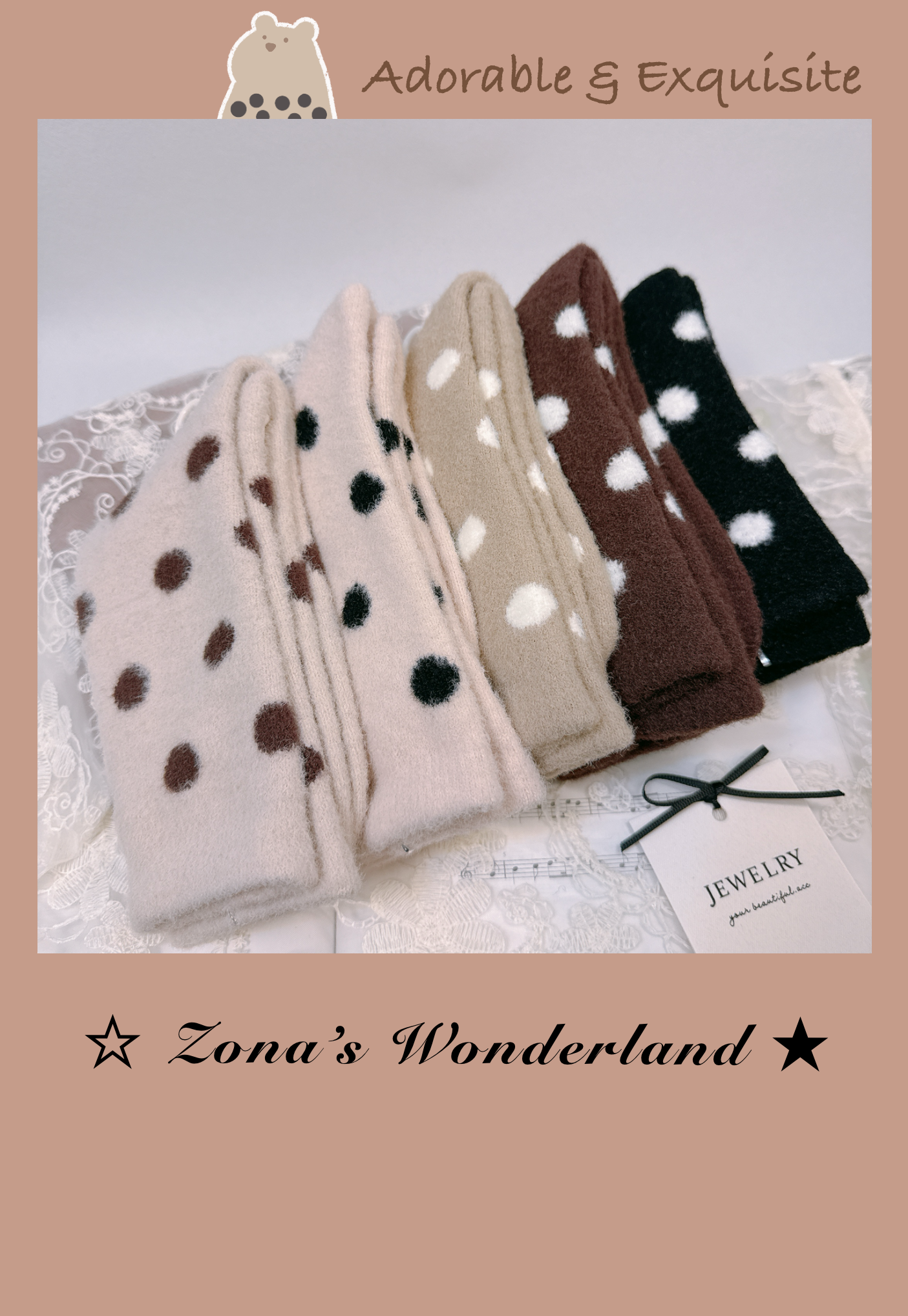 ☆Zona‘s★駝絨材質~波點保暖襪襪