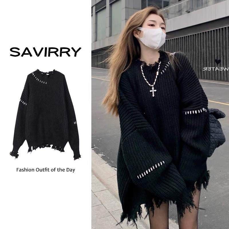 冬大碼抓破流蘇針織毛衣