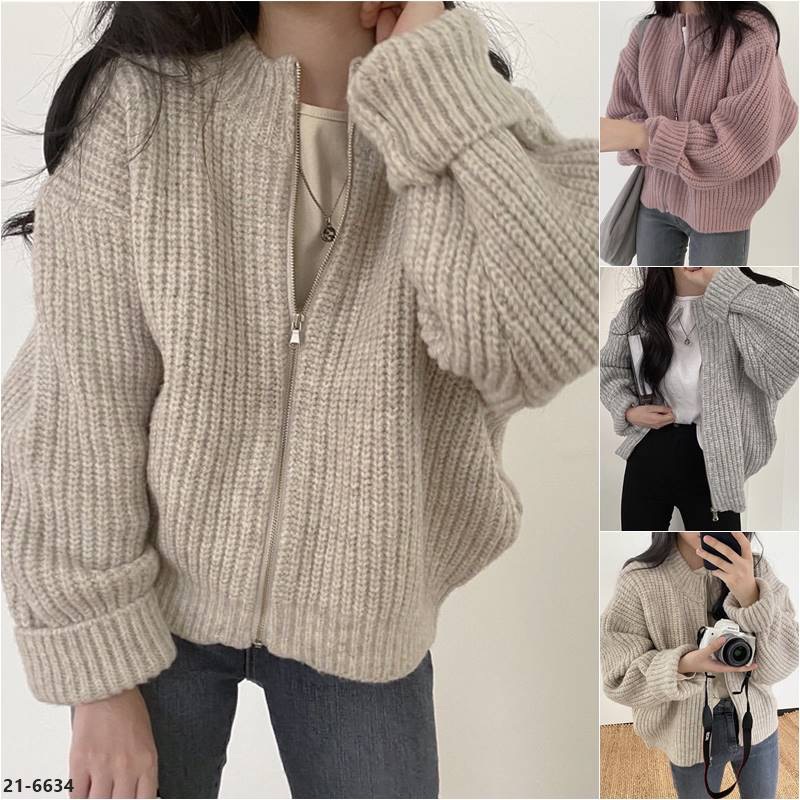 秋冬休閒百搭純色拉鍊針織外套