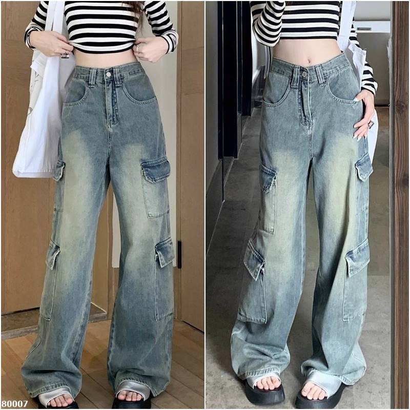 高腰口袋工裝闊腿牛仔褲