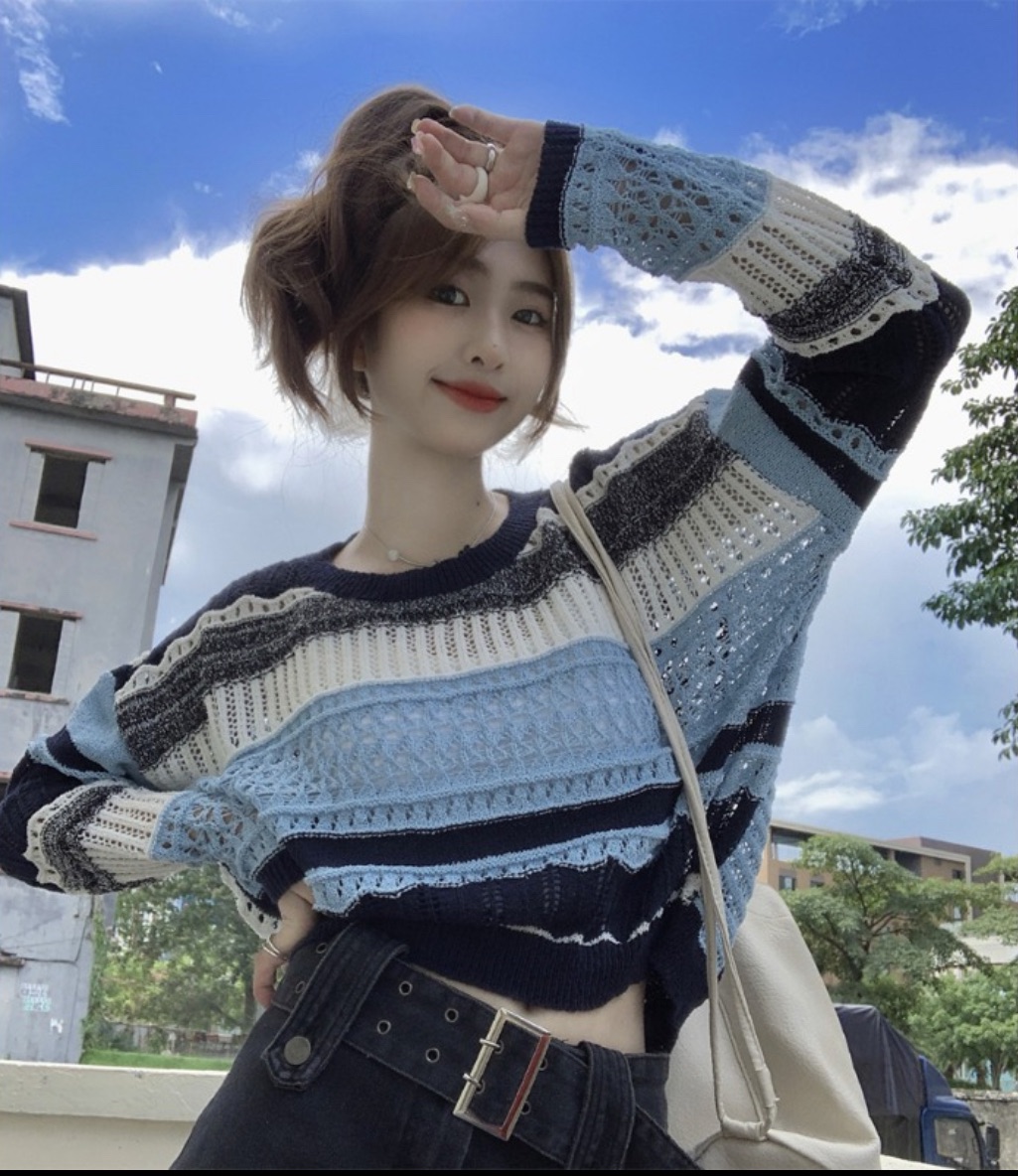 短版條紋長袖毛衣針織衫