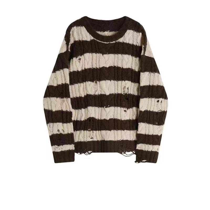 破洞條紋針織毛衣